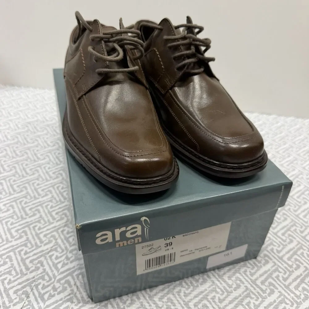 Ara Men Gero Brown Leather Derby Dress Shoes US 8 M Apron Toe Oxford Macchiato